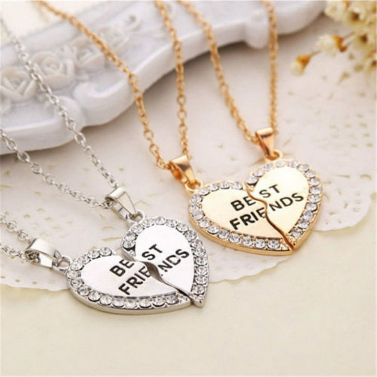 Gift Heart Best Friend Gold Silver Rhinestone 2 Pendants Necklace Bff Friendship 